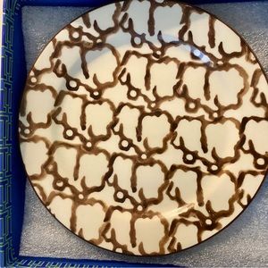 Tory Burch SPONGEWARE CANAPE PLATE, SET OF 6 in Brown / Smoke. Hand-painted.